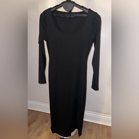 Black Long Sleeve Square Neck Split Thigh Fitted Bodycon Midi Dress - Picture 6 of 10